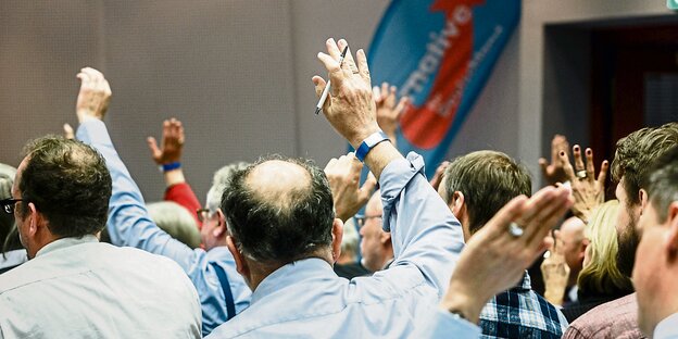 Mitglieder der Hamburger AfD heben bei einer Abstimmung die Hand.