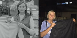 Links ein Schwarz-Weiß-Foto einer jungen Frau, rechts die selbe Frau älter, jedes Mal hält sie ein Kleidungsstück