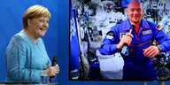 Angela Merkel fröhlich neben einem Bildschirm, darauf ist zu sehen: Alexander Gerst in der Raumstation