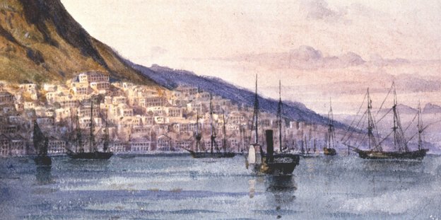 Ausschnitt aus einem Gemälde des französischen Malers Jean Henri Zuber. Es zeigt Hongkong 1885