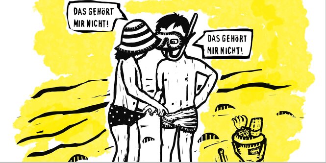 Ein Junge und ein Mädchen gucken sich gegenseitig in die Badehose und sagen "Das gehört mir nicht"