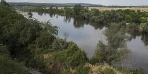 Ein Fluss fließt ruhig in einer grünen Landschaft