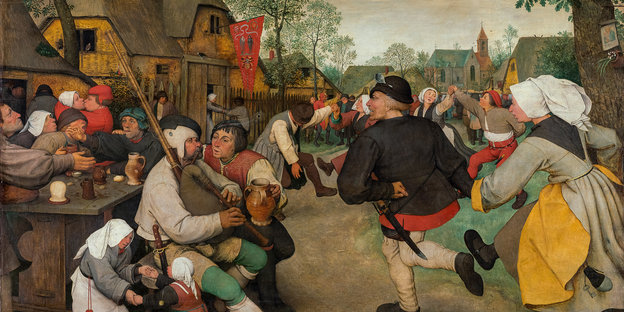Ein Gemälde mit einer Dorfszene mit Tänzern und Dudelsackspielern