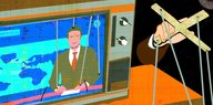 Rechte Propaganda in Europa: Illustration: Ein Mann im Fernseher, der an Fäden hängt wie eine Marionette