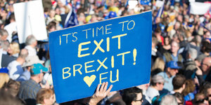 Eine demonstrierende Menge, auf einem Schild steht: It's time to exit brexit
