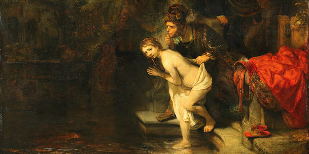 Ausschnitt von Rembrandts Gemälde "Susanna und die beiden Alten". Einer der Alten ist gerade dabei, Susanna ihr Tuch von den Hüften zu ziehen. Sie ist auf dem Weg ins Bad.