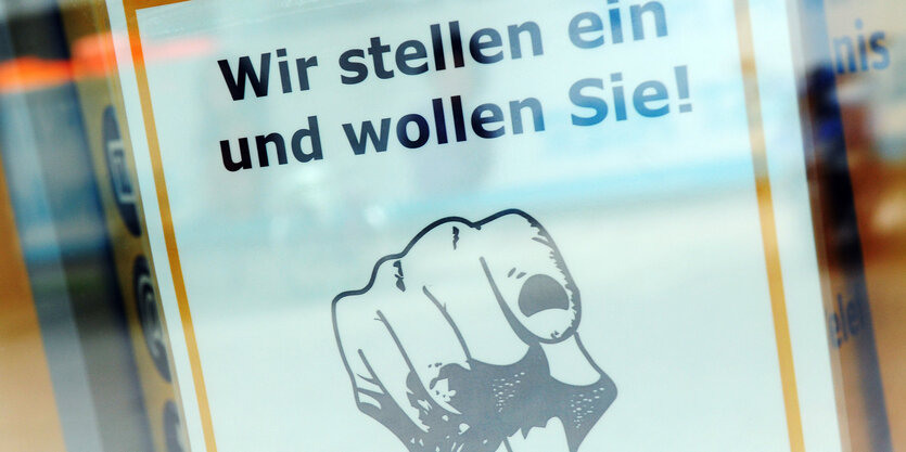 Eine Firma sucht Arbeitnehmer mit dem Satz: "Wir stellen ein und wollen Sie!"