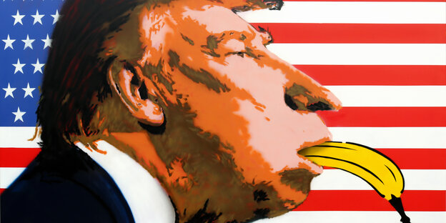 Ein breitgezogenes Gesicht Donald Trumps mit Banane im Mund vor US-amerikanischer Flagge. Ein breitgezogenes Gesicht Donald Trumps mit Banane im Mund vor US-amerikanischer Flagge.