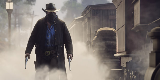 Ein Mann mit Cowboyhut und zwei Pistolen in der Hand vor staubigem Hintergrund. Ein Mann mit Cowboyhut und zwei Pistolen in der Hand vor staubigem Hintergrund.
