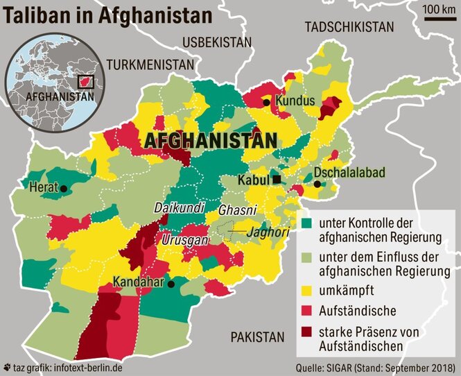 Eine Grafik zeigt eine Karte von Afghanistan mit den verschiedenen Provinzen und Erläuterungen, wer welche Provinz kontrolliert