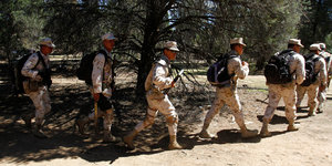 Bewaffnete Soldaten marschieren in einer Reihe an einem Baum vorbei