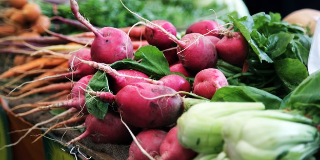Radieschen, Karotten und Pak Choi liegen nebeneinander auf einer Gemüseauslage