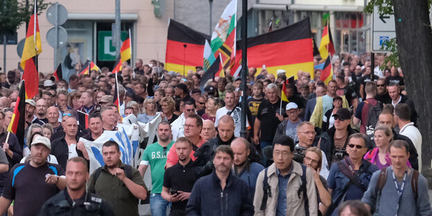 Demonstranten, hauptsächlich Männer, zeigen Deutschlandflaggen