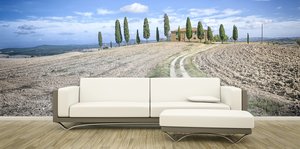Ein Sofa vor einer toskanischen Landschaftstapete