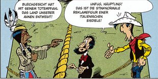 Lucky Luke, ein Native American Häuptling und ein dritter Mann befinden sich auf dem Deck eines Schiffes. Der Häuptling klagt die „Bleichgesichter“ an