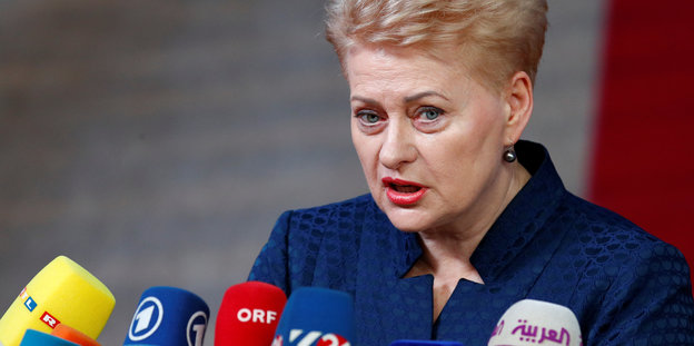 Eine Frau spricht vor Mikrofonen. Es ist Litauens Präsidentin Daria Grybauskaite