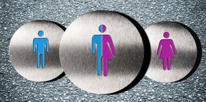 Toilettenschilder für die Geschlechtsoptionen „männlich“, „divers“ und „weiblich“