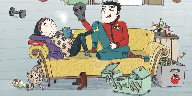 Zeichnung von zwei Menschen, die auf einem Sofa fläzen