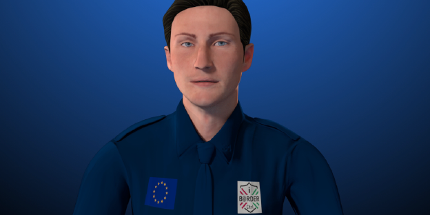Abbildung eines männlichen Grenzschützer-Avatars in blauer Uniform