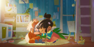 Eine Zeichnung von einem kleinen Mädchen und einem Orang-Utam im Kinderzimmer