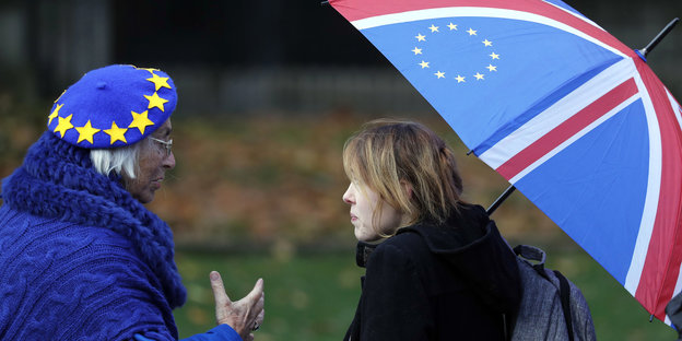 Anti-Brexit-Unterstützerinnen tragen die Farben der EU-Flagge und unterhalten sich