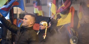 Menschen schwenken Deutschland- und AfD-Fahnen. Ein Mann trägt eine Perücke mit blonden Zöpfen
