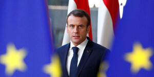 Emmanuel Macron hinter Fahnen