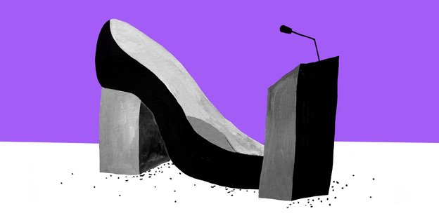 Eine Illustration: Ein überdimensinierter Schuh mit Absatz steht vor einem Rednerpult