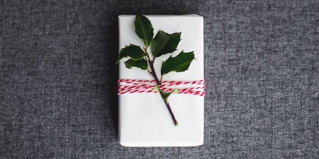 Ein rechteckiges Geschenk ist umwickelt mit rot-weißem Geschenkband. Unter dem Band steckt ein Zweig Grün