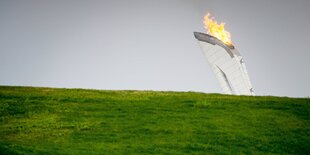 Der Turm mit der olympischen Flamme in Sotschi im Hintergrund, im Vordergrund eine grüne Wiese