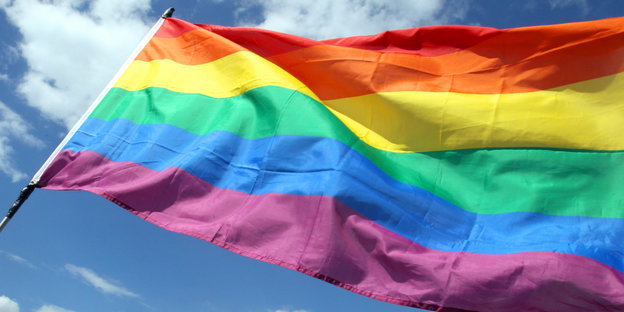 Das Bild zeigt die Regenbogenfahne der queeren Bewegung.