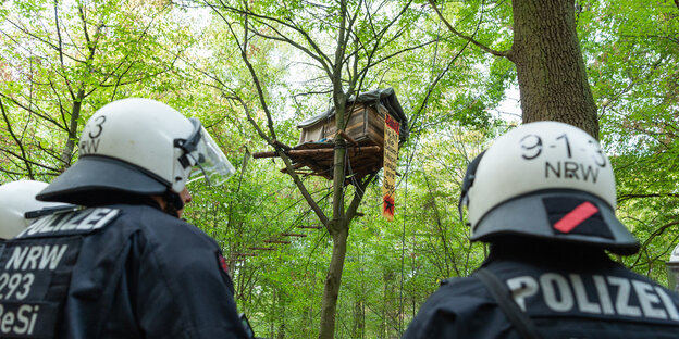 Zwei behelmte Polizisten stehen vor einem Baumhaus in einem Wald