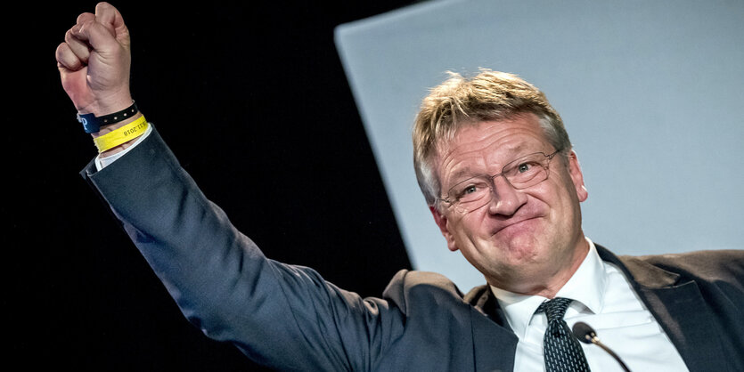 Jörg Meuthen hebt die Hand triumphierend in die Höhe