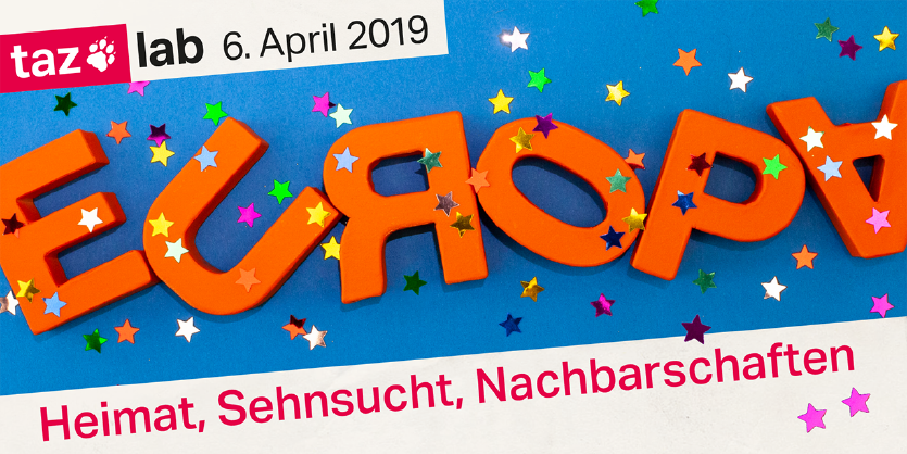 Oben im Bild steht: taz lab 6. April 2019, darunter sieht man die Buchstaben e und u