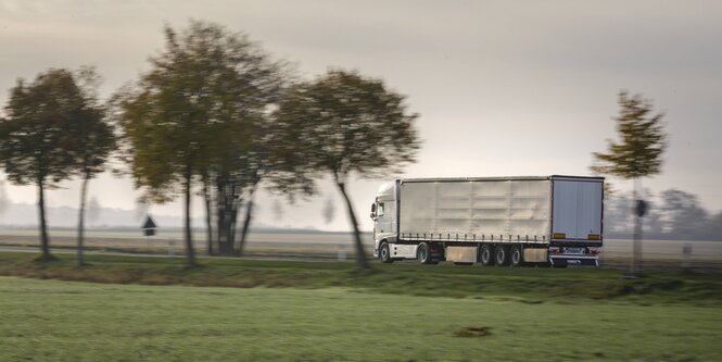 Ein Lkw fährt auf einer Landstraße im Morgengrauen