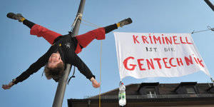 Eine Umweltaktivistin protestiert kopfüber an einer Laterne hängend gegen Gentechnik