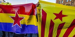 Demonstration mit katalonischen Fahnen