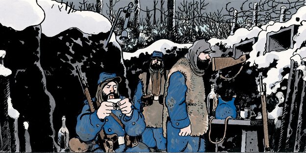 Eine Comiczeichnung von Soldaten im Schützengraben