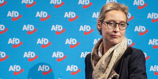 Alice Weidel läuft vor einer hellblauen Wand