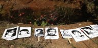 Plakate mit Fotos von Opfern der Pinochet-Diktatur liegen an einem Teich, in dem rote Nelken schwimmen