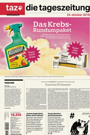 taz-Titelseite zu Bayer und Krebs taz-Titelseite zu Bayer und Krebs
