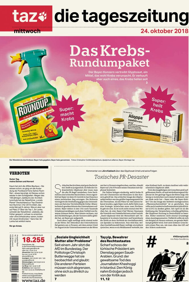 taz-Titelseite zu Bayer und Krebs