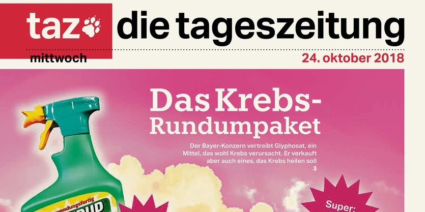 Ausschnitt der taz-Titelseite zu Bayer und Krebs