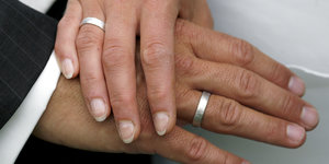 Zwei Hände von zwei Personen liegen übereinander, an jeder Hand ein Ehering