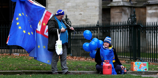 Brexit-Gegner: Zwei Menschen mit vielen EU-Flaggen und EU-Luftballons