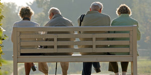 Vier Rentner sitzen auf einer Parkbank in Pillnitz, Sachsen