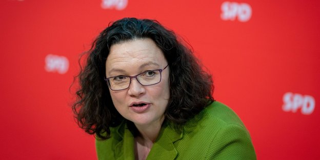 Kopf von Andrea Nahles vor roter Wand Kopf von Andrea Nahles vor roter Wand