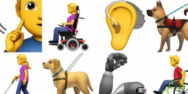 Mehrere Emojis, darunter ein Blindenhund, eine Rollstuhlfahrerin und ein Ohr mit Hörgerät