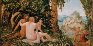 Der Ausschnitt des Gemäldes „Landschaft mit Satyrfamilie“ von Albrecht Aldorfer in der Berliner Gemäldegalerie zeigt unter anderem einen Satyr und seine nackte menschliche Gemahlin mit ihrem Kind.