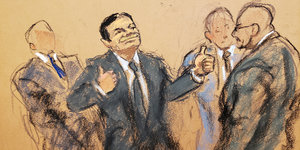 gezeichnetes Bild aus einem Gerichtssaal